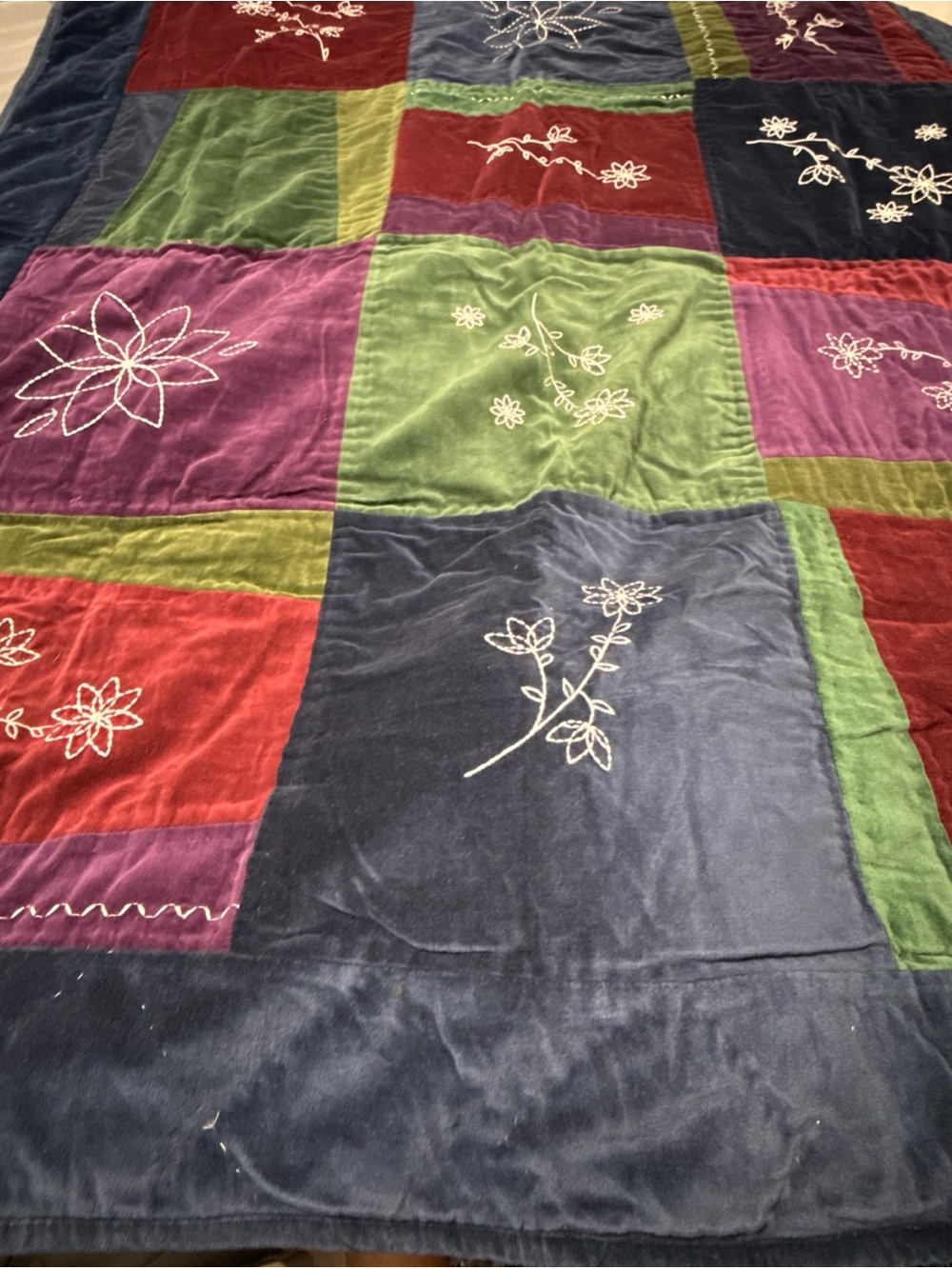 Patchwork Velvet Throw Blanket with Floral Embroidery Multicolor Made in India